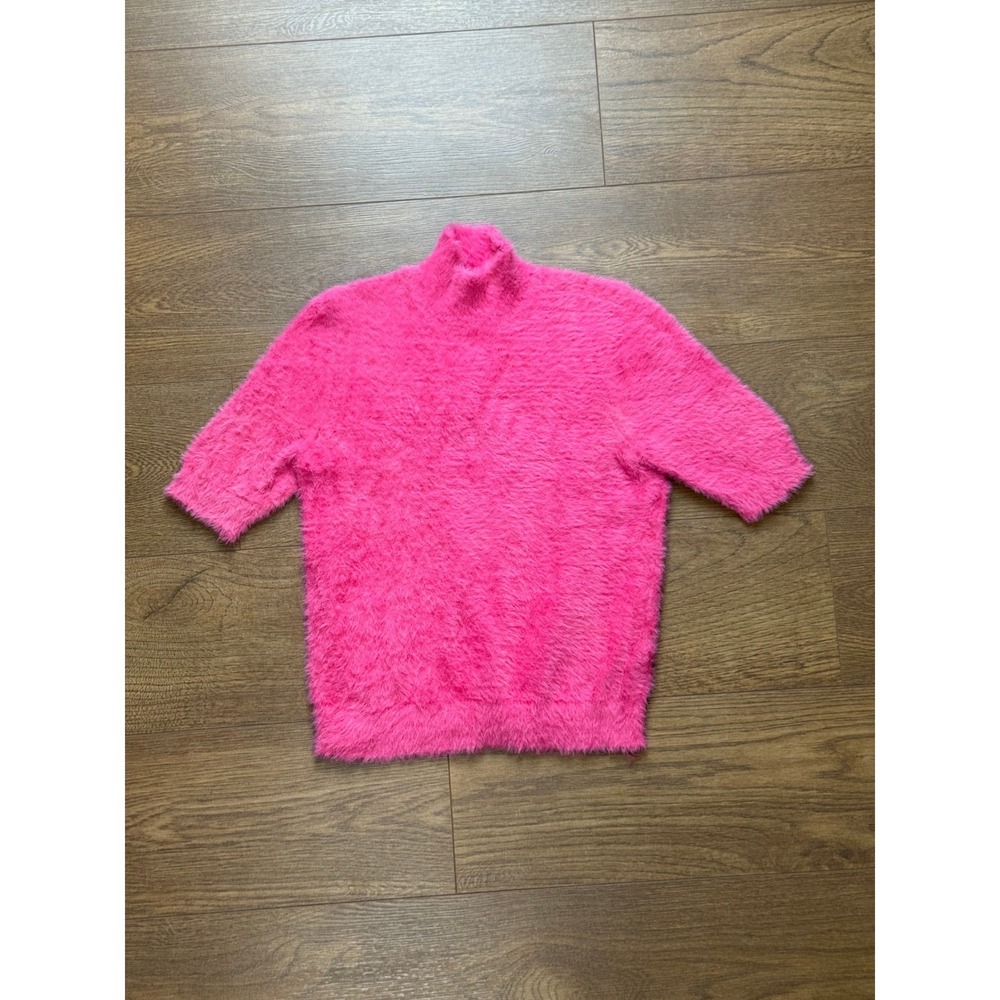 Cara Santana x Apt 9 Neon Pink Fuzzy Eyelash Knit Mock Neck Short Sleeve Sweater